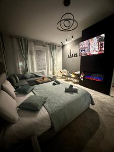 a bedroom with a large bed and a flat screen tv at Stay Inn Central Brasov Apartments in Braşov