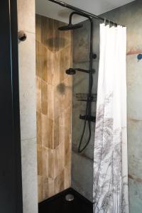 La salle de bains est pourvue d'une douche avec rideau de douche. dans l'établissement Wioska Radoska - Żółta Stodoła, à Lichtenstein Ostpreussen