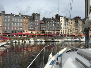 a group of boats docked in a harbor with buildings at Le Petit Paradis in Honfleur