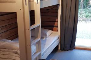a bunk bed in a room with a window at Ammeråns Fiskecamp in Hammarstrand