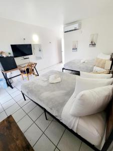 two beds in a room with a desk and a tv at Nautilus by La Jamaca Hotels-Downtown La Parguera in Lajas