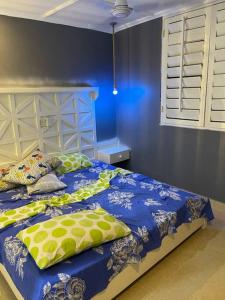 een blauwe slaapkamer met een bed met kussens erop bij Vicks home in Mtwapa