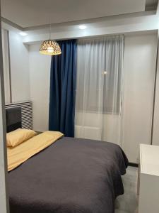 第比利斯Two-Bedroom Apartment in Saburtalo District的一间卧室配有床和蓝色窗帘的窗户
