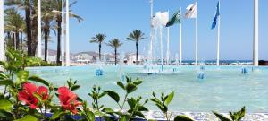 a fountain in the middle of a swimming pool with palm trees at Cullera Confort Playa in Cullera