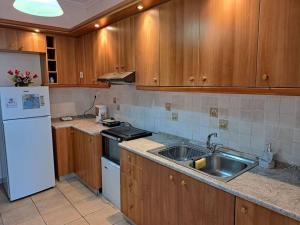 a kitchen with a sink and a white refrigerator at Home Pap in Volos