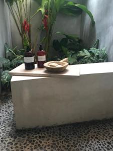 two bottles of soap and a bowl on a counter with plants at Casa_Paki in Zihuatanejo