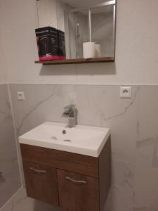 La salle de bains est pourvue d'un lavabo et d'un miroir. dans l'établissement Komfortable Wohnung in Happenbach, à Abstatt