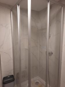 La salle de bains est pourvue d'une douche avec une porte en verre. dans l'établissement Komfortable Wohnung in Happenbach, à Abstatt