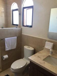 un bagno con servizi igienici e lavandino e 2 finestre di Val’quirico - MONTALCINO 2 a Santeagueda