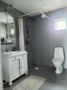 a bathroom with a white sink and a toilet at Mysigt hus i liten by nära havet in Ystad