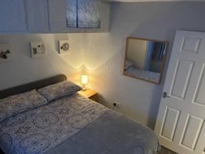 Schlafzimmer mit einem Bett, einem Spiegel und einer Tür in der Unterkunft Gorgeous Gower Chalet in Swansea