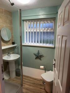 a bathroom with a sink and a toilet and a window at Gorgeous Gower Chalet in Swansea