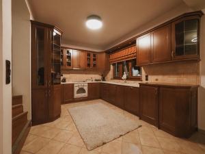 a large kitchen with wooden cabinets and a rug at Elati Leisure Suites & Apartments in Elati Trikalon