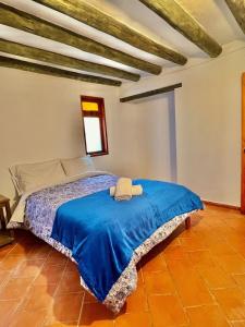 a bedroom with a bed with a blue blanket at Villa charlotte 3 en colombia in Villa de Leyva