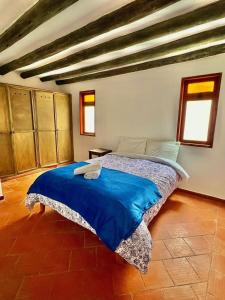 a bedroom with a large bed with blue sheets at Villa charlotte 3 en colombia in Villa de Leyva