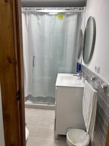 a bathroom with a shower and a sink and a mirror at Geomar Penthouse in Alicante +30 photos