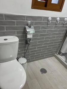 Un baño con inodoro y pared de azulejos. en Geomar Penthouse, en Alicante