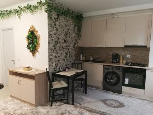 eine Küche mit einem Tisch und einer Waschmaschine in der Unterkunft Studio Green Modern! in Suceava