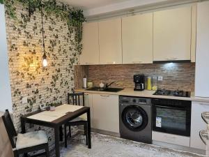 a kitchen with a washer and a table and a stove at Studio Green Modern! in Suceava +15 photos