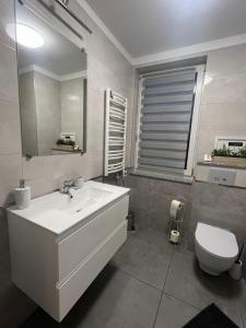 a bathroom with a white sink and a toilet at Apartamenty Na wzgórzu in Ińsko