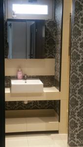 een badkamer met een wastafel en een spiegel bij Jaga House in Krakow free parking in Krakau