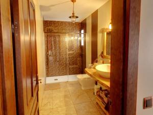 La salle de bains est pourvue de toilettes, d'un lavabo et d'une douche. dans l'établissement Apartamentos Ohana, à Jadraque