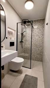 カルビアにあるPokoje Goscinne SALOMEAのバスルーム(シャワー、トイレ、シンク付)