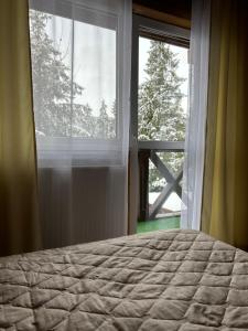 a bedroom with a bed and a large window at Respect in Mykulychyn