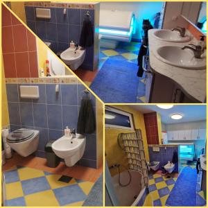 four pictures of a bathroom with two sinks and toilets at Laura's house in Slovenj Gradec