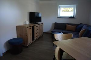 a living room with a blue couch and a tv at FeWo herein SPAZIERT in Schmiedefeld am Rennsteig