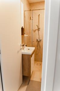 La salle de bains est pourvue d'un lavabo et d'une douche. dans l'établissement Apartmani Jezero Divčibare, à Divčibare