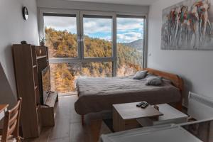 ein Schlafzimmer mit einem Bett und einem großen Fenster in der Unterkunft Apartmani Jezero Divčibare in Divčibare