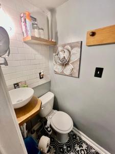 a small bathroom with a toilet and a sink at Poppy Loft in Raleigh