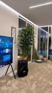 un televisor en un stand en una habitación con una planta en Marbella Resort, en Al Ain