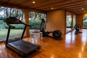 un gimnasio con cinta de correr y equipamiento para hacer ejercicio en una habitación en Il Delfinetto, en San Vincenzo