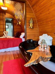 Habitación con 1 dormitorio con bañera y espejo. en Namastê - Hospedaria de Altitude, en Urubici