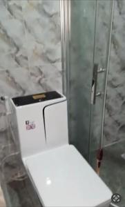 a white toilet in a bathroom with a shower at cozy comforts in Lagos