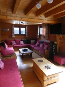 a living room with pink couches and a flat screen tv at Chalet La piste du Linga in Châtel