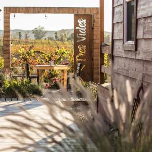 a patio with a table and a field of flowers at Tres Vides Hotel Boutique in Valle de Guadalupe