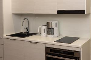 a kitchen counter with a sink and a coffee maker at Holiday Apartment Aava 1 in Rovaniemi +5 photos
