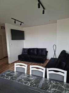 sala de estar con sofá negro, mesa y sillas en Perłowy Apartament, en Kutno