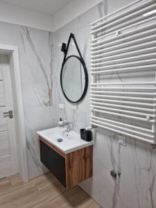 bagno con lavandino e specchio di Perłowy Apartament a Kutno