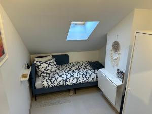 a small bedroom with a bed and a skylight at Apartman Kvaka 22 in Bjelovar