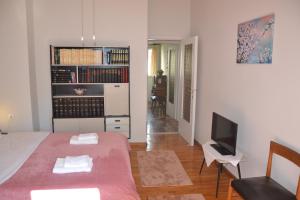 a bedroom with a bed and a tv in a room at Daizy's Apartment in Volos +16 photos