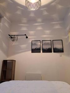 een slaapkamer met een bed en drie foto's aan de muur bij Nouveau T2 2/3 couchages La Bresse in La Bresse