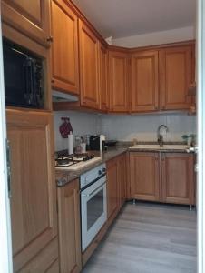 a kitchen with wooden cabinets and a stove top oven at Casa Il giardino in Ca degli Oppi