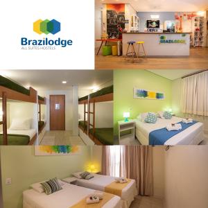 a collage of two pictures of a bedroom with two beds at Brazilodge All Suites Hostel in Sao Paulo