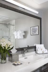 a bathroom with a sink and a mirror at Seven Gables Inn, St Louis West, a Tribute Portfolio Hotel in Saint Louis