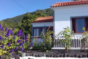 a white house with a fence and purple flowers at Sunflower Guest House - Pico in São Caetano
