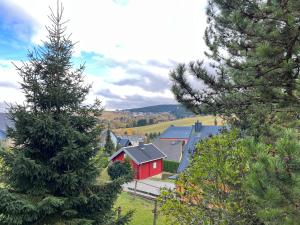 un granero rojo en medio de un bosque de árboles en 3 Zimmer Apart Bergblick, en Kurort Oberwiesenthal